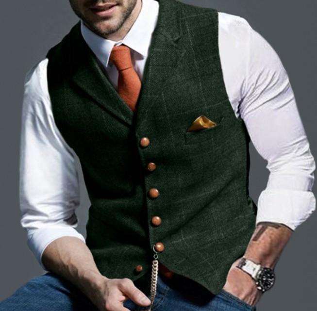 

Mens Suit Vest Notched Plaid Wool Herringbone Tweed Waistcoat Casual Formal Business Groomman For Wedding, Yellow