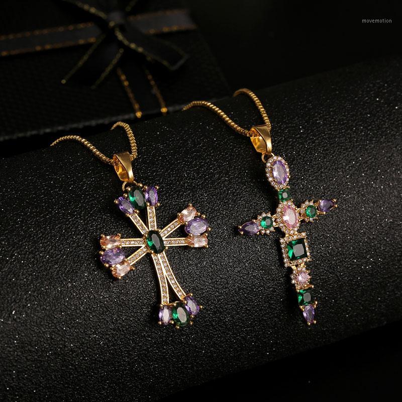 

High Quality 2020 Statement Multicolor Cubic Zirconia Cross Necklaces & Pendants Women Fashion Copper Gold Chain Necklace1