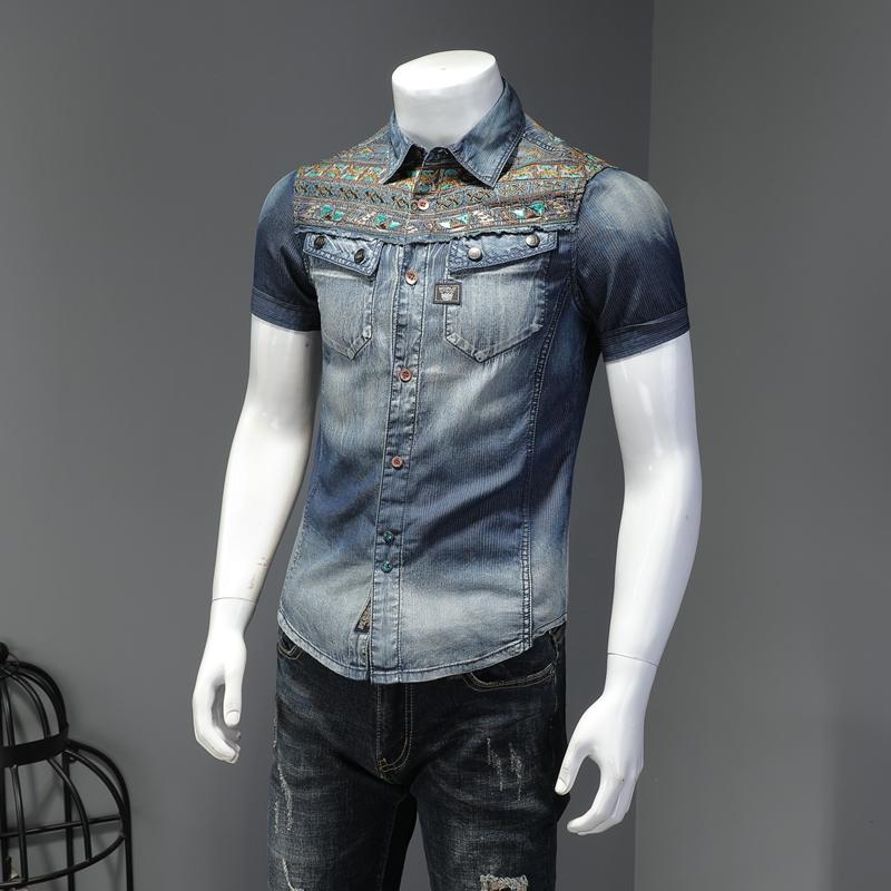 

Men's Casual Shirts 2021 Summer Printed Denim Shirt Fashion Trendy Personality Short-sleeved, White;black