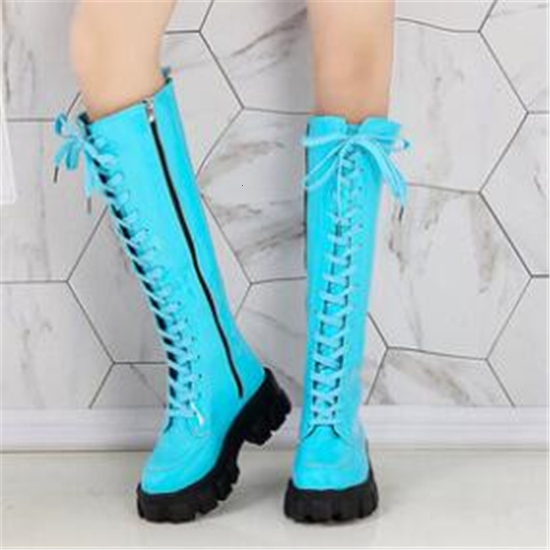 

New Fashion 2021 Plutonium Leather Strap Autumn High Ladies Thick Black Mujer Boots INXD, Sky blue.