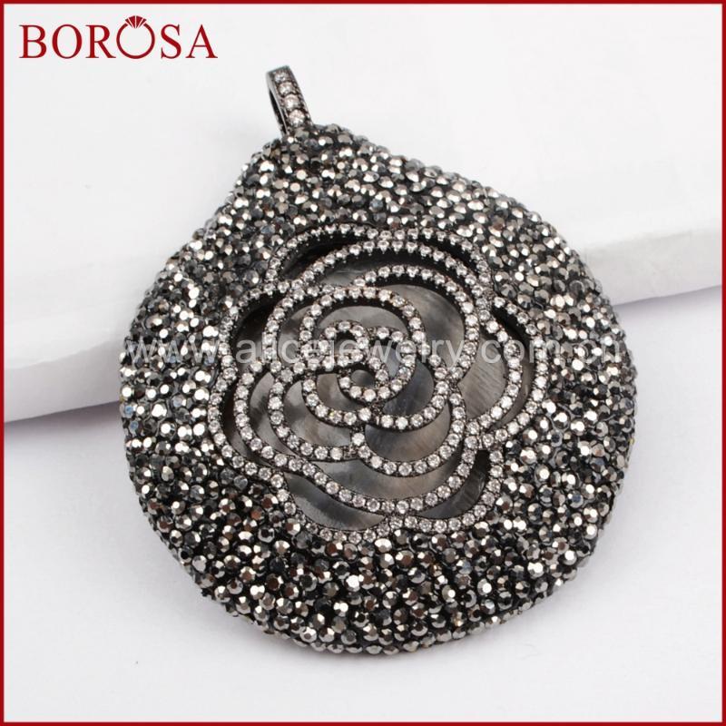

BOROSA 3PCS Big Round Pendant Micro Pave CZ Flower Pendant with Crystal Rhinestone Pave Handcrafted Drusy Jewelry JAB8281