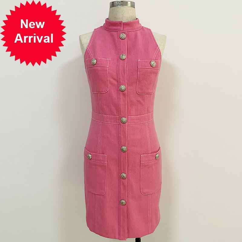 

Vintage 2021 New Luxury Female Summer Single-breasted Lion Metal Buckle Denim Sleeveless Mini Vest Pink Dress Party Sexy Clothes S23Z, Blue