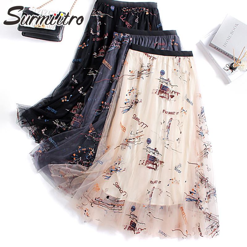 

SURMIITRO 2021 Spring Summer Vintage Embroidery Women Korean Style High Waist Sun School Midi Long Pleated Tulle Skirt Female, Black