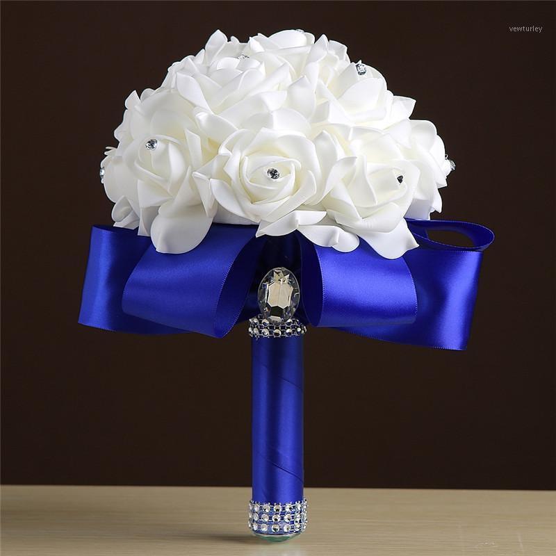 

Artificial PE Royal Blue Flowers Wedding Bridal Bouquet Crystal Roses Pearl bride Bridesmaid Wedding Bouquet hand stick flower1
