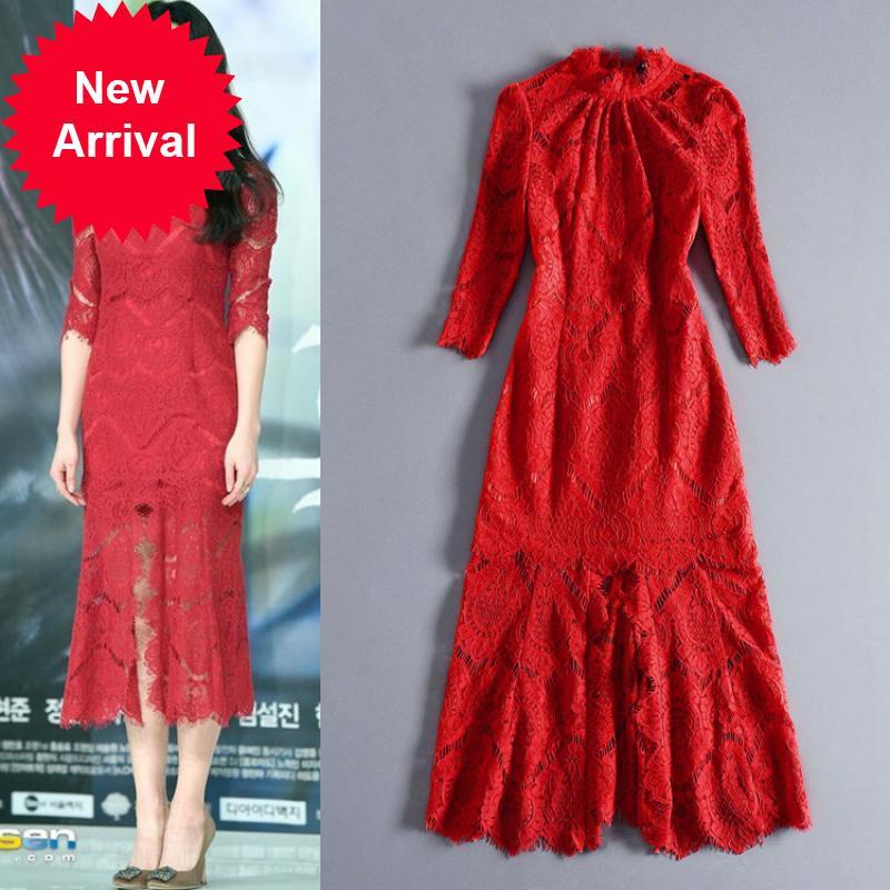 

2021 New Female Runway Luxury Red Prtay Dress New Spring Fashion Sexy Hollow Lace Out Half Sleeve Skinny Neck-long Clothes Djlf, Blue