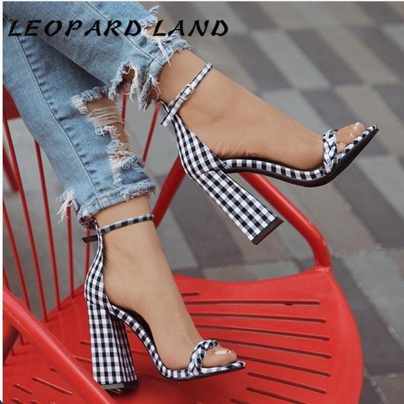 

LEOPARD LAND 2021 New 35-42 Large Size Style Plaid Colorblock Chunky Heel High Heel Sandals -2210-5, Black