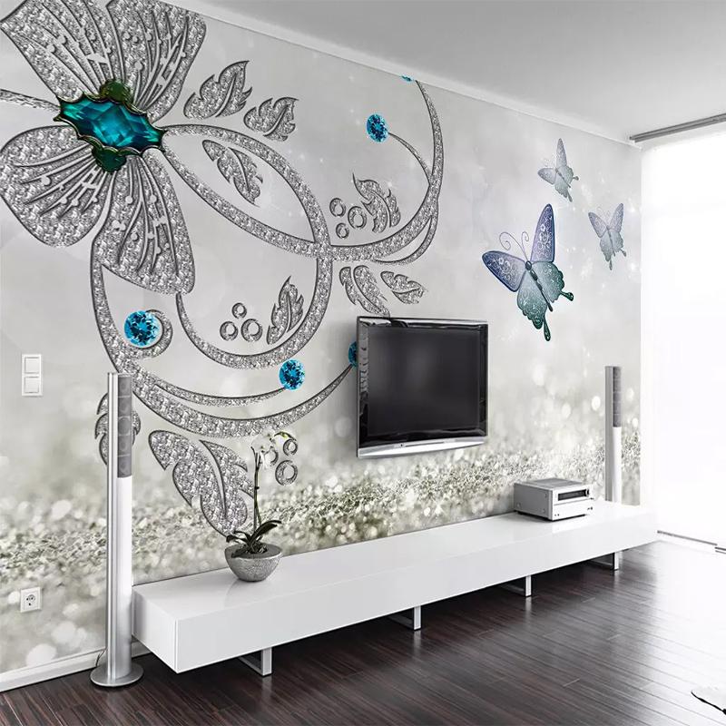 

European Crystal Flower Butterfly Jewelry 3D Mural Wallpaper Living Room Background Wall Cloth Home Decoration Papel De Parede, As pic