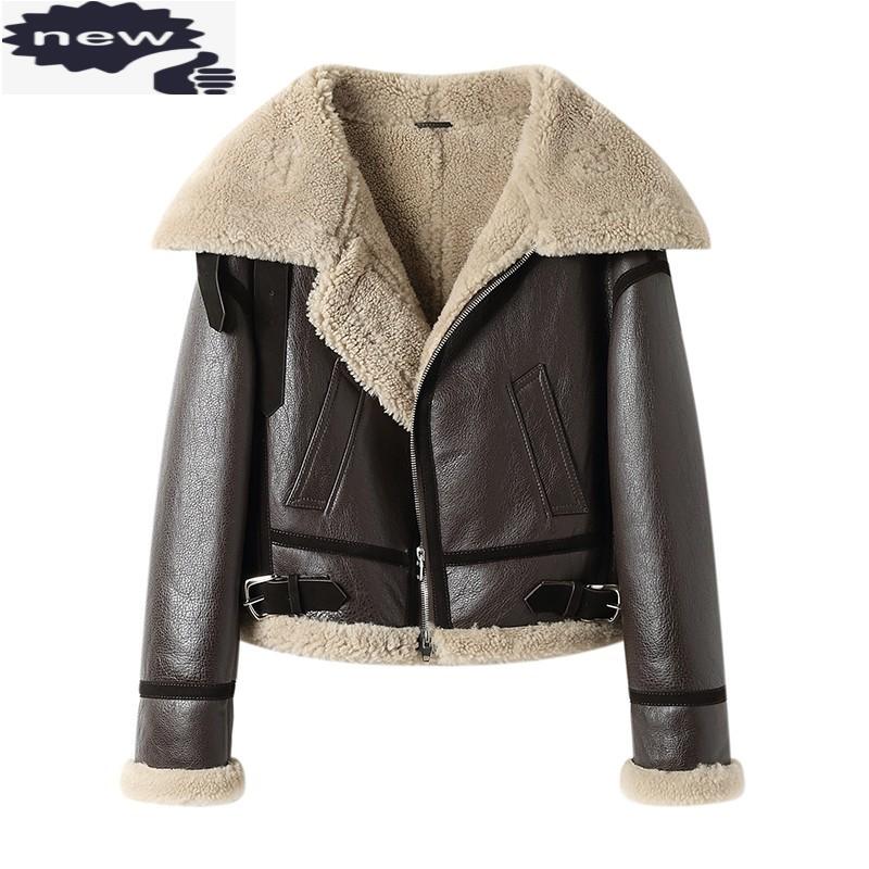 

Women Lamb Biker Coat Luxury Double-faced Fur Zipper Punk Street Turn-Down Collar Slim Real Leather Short Jacket, Brown