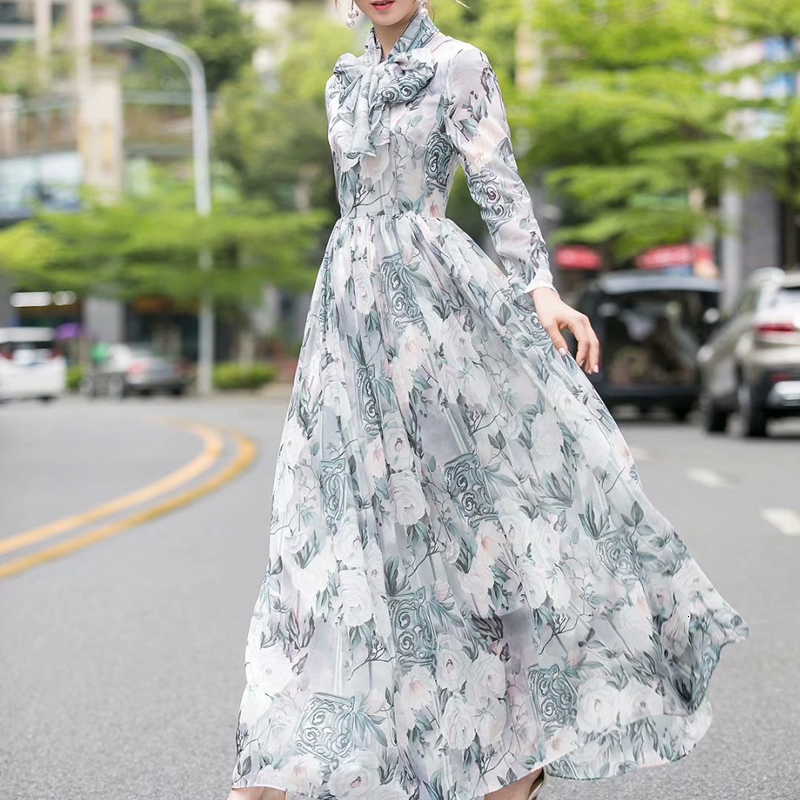 

Runway Impression of Vintage Long-sleeve Flowers Bow Elegant Dress Party Long-dress High Quality New Designer 7cjd, Multiple