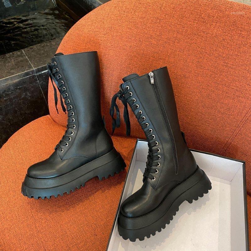 

Black Knee High Boots Platform Women Lace Up Motorcycle Boots Thick Sole Long Women Punk Shoes Botas Mujer 20201