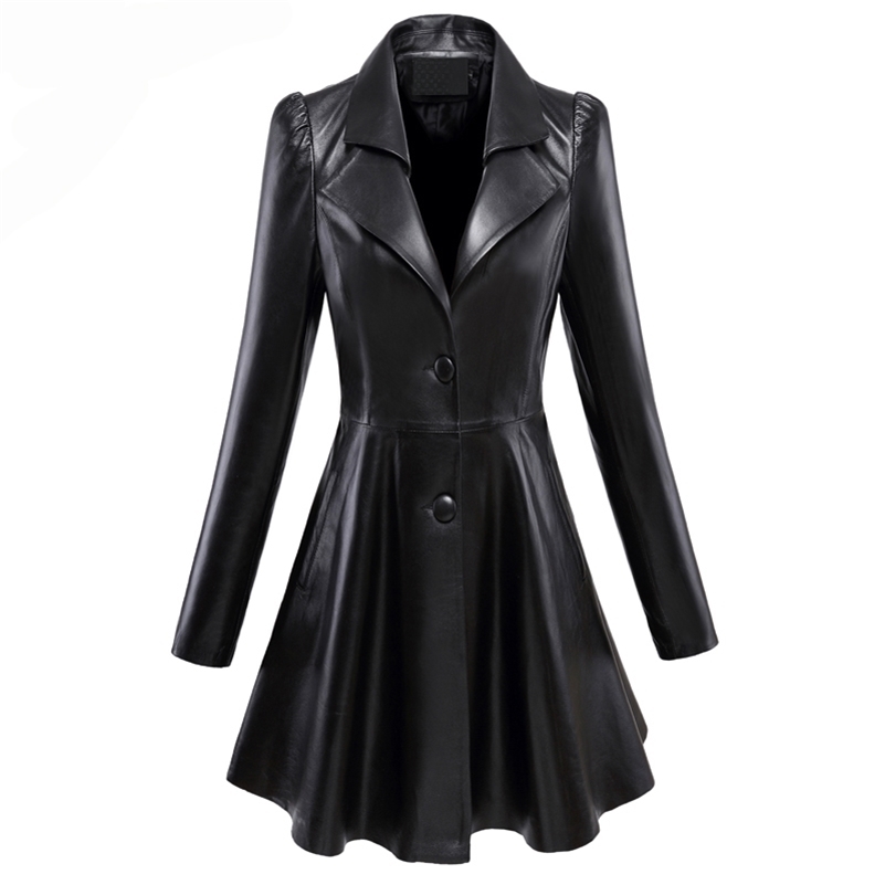 

Nerazzurri Fit and flare faux leather coat notched lapel long sleeve puff sleeve Skirted black plus size leather blazer slim fit 201223