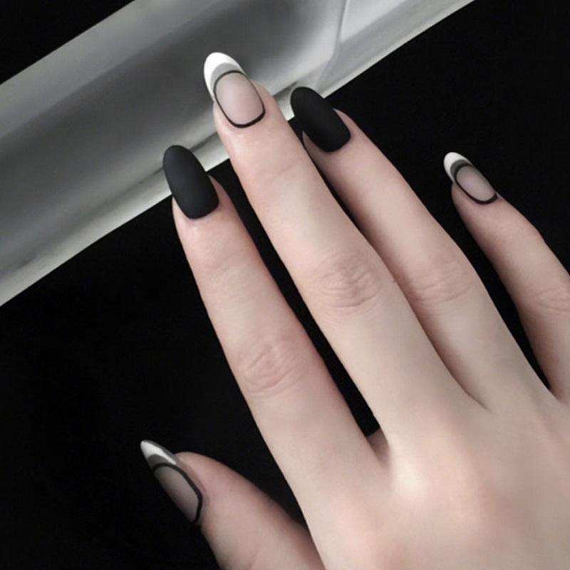

False Nails 24PCS Mafake Black And White French Frosting Manicure Patch Removable Press On With Designs For Girls Wholesale, As show