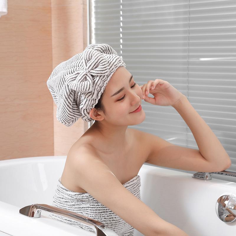 

1 Pack Bamboo Charcoal Fiber Hair Drying Towels Cap Super Absorbent Hair-Towel Hat Quick Dry Shower Head Turban Wrap For Women, Stripe