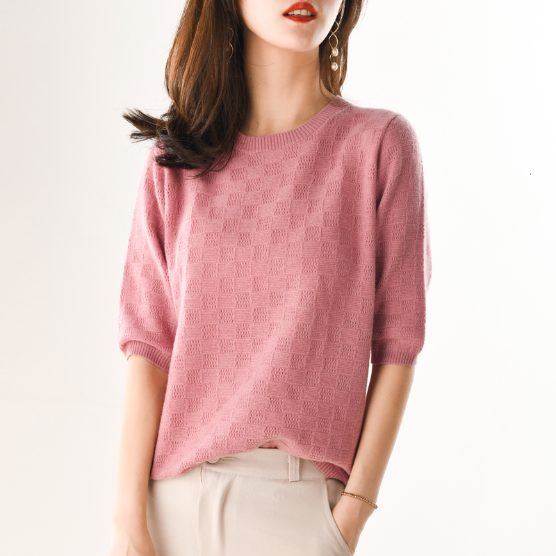 

2021 Soft New Pullovers for Women 100% Merino Wool Knitted Sweaters Ladies Half-sleeve 3color Oneck Jumpers Clothes Izdz, Pink1