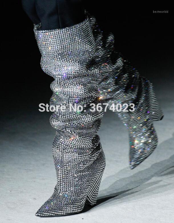 

Qianruiti Bling Bling Crystal Studs Knee High Boots Runway Rhinestone Shoes Spike Heels Pointed Toe Diamonds Botas Mujer1, As pics
