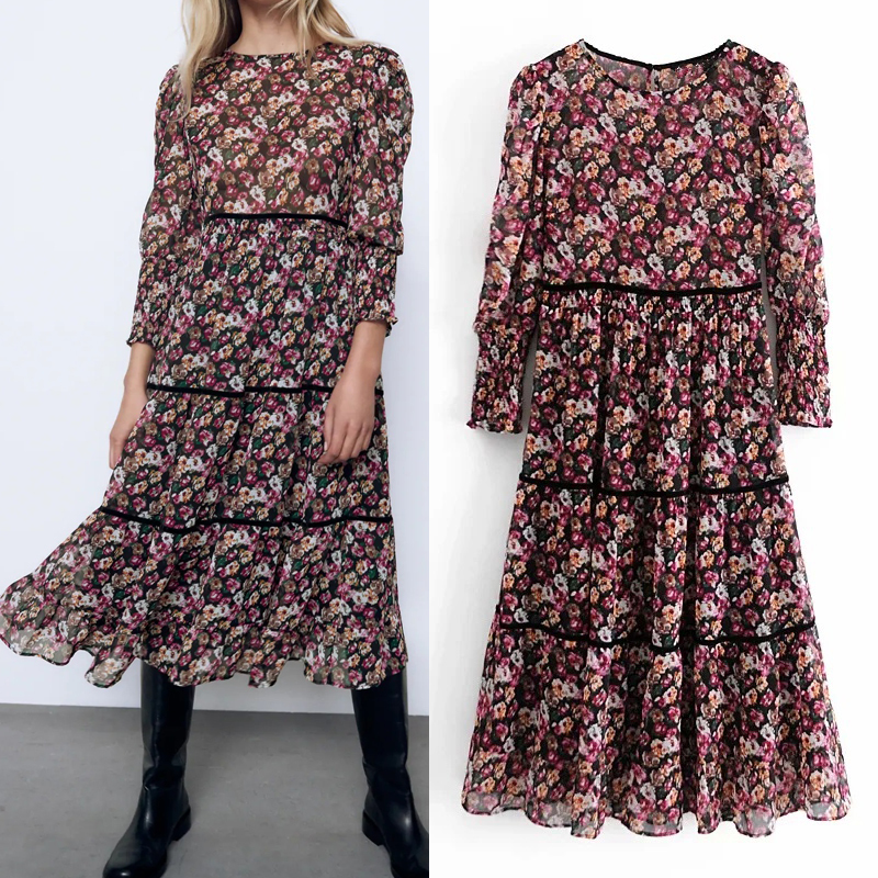 

2021 New Floral Print Midi Women Vintage Contrast Velvet Bands Ruffle Chiffon Long Sleeve Dresses Ladies Party Dress 3x56