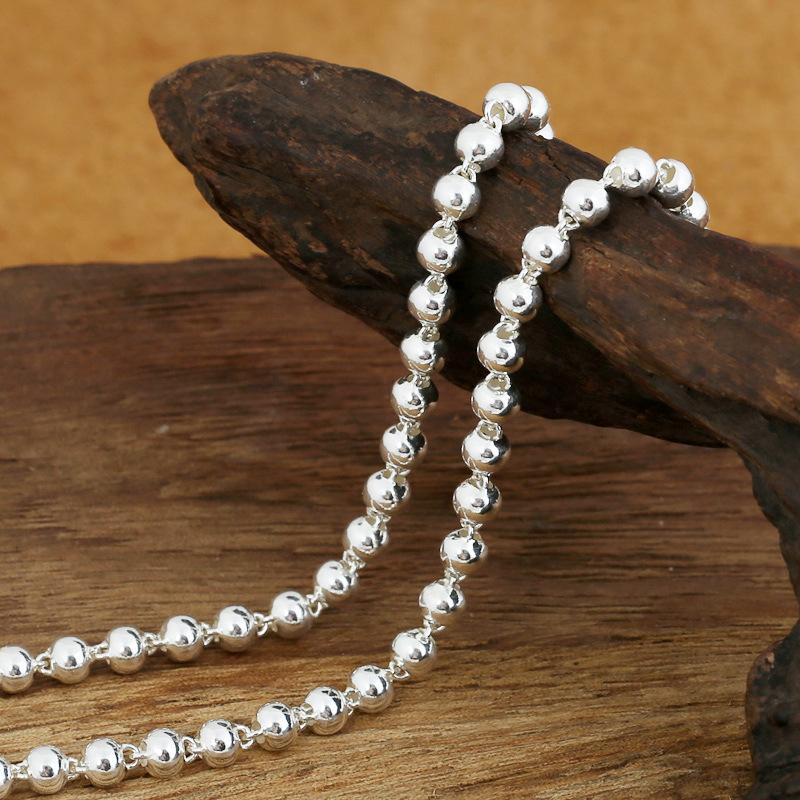 

FNJ 4mm Beads Chain Necklaces 925 Silver 45cm to 80cm Fashion Original S925 Thai Silver Men Necklace Jewelry