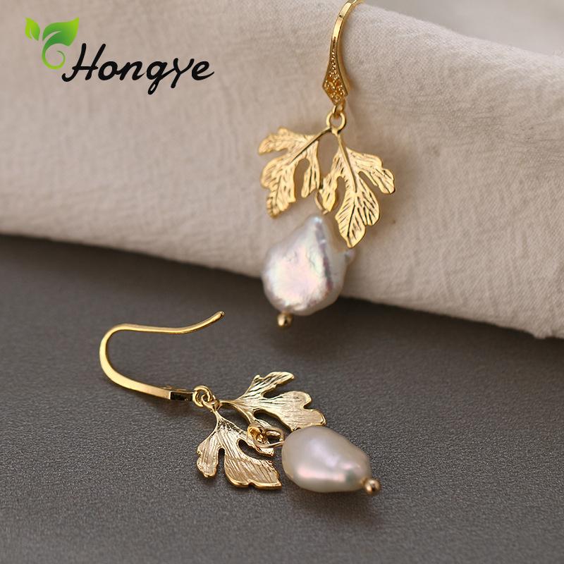 

Hongye Tree Leaves Pearl Drop Earrings for Women Gold-Color Alloy Elegant Hooks Designer Brand Hanging Ear Jewelry Bijoux