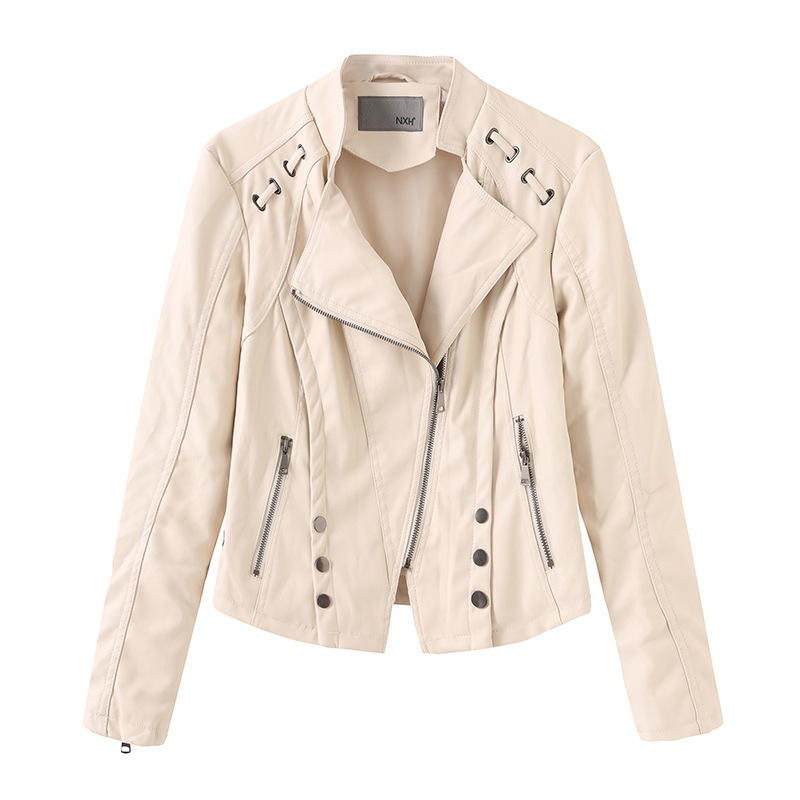 

2021 New Spring and Autumn Female Thin Small Locomotive Ladies Women's Leather Jacket XIRV, Khaki.