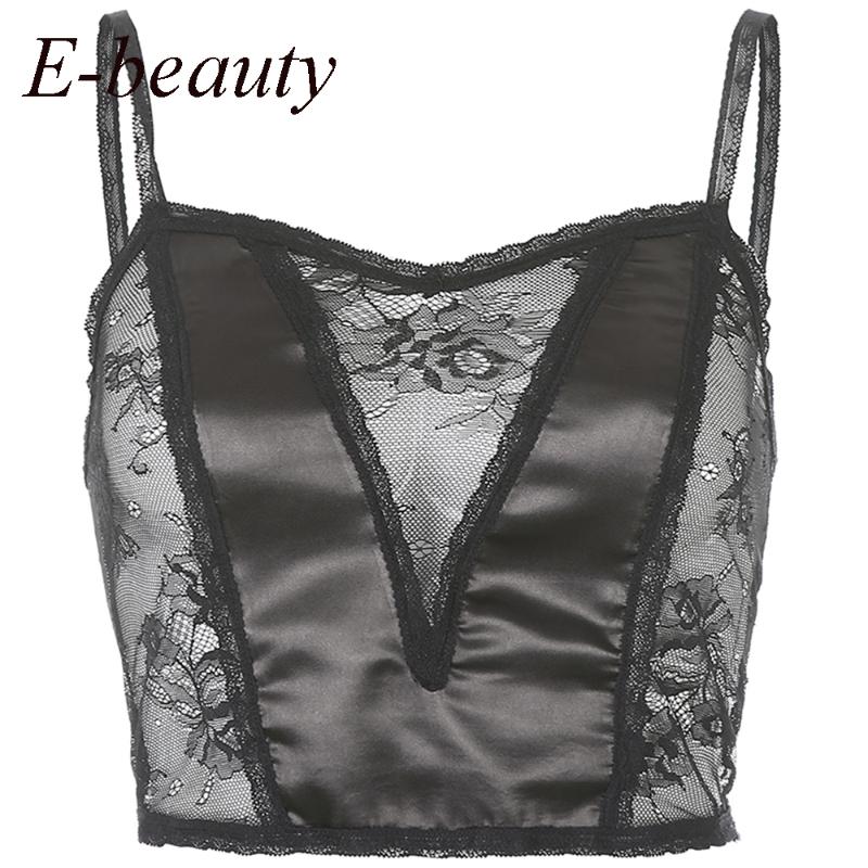 

Black Mall Goth Y2K Crop Top Women Dark Academia Aesthetic Vintage 90s Streetwear V Neck Sexy Lace Patchwork E Girl Cami Tops, As pic