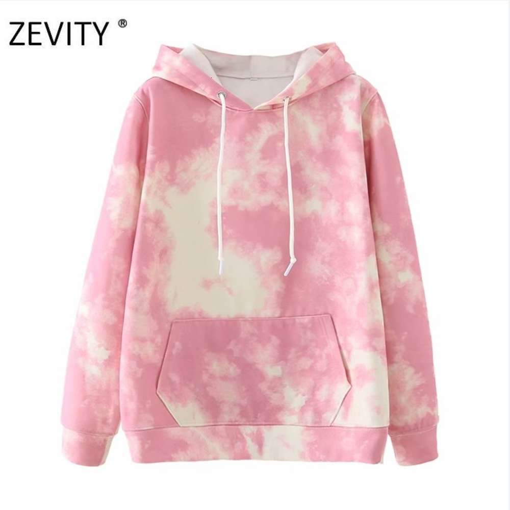 

Zevity New Women boyfriend style tie dye painting knitted hooded sweatshirts lady leisure pocket hoodies chic pullover tops H355