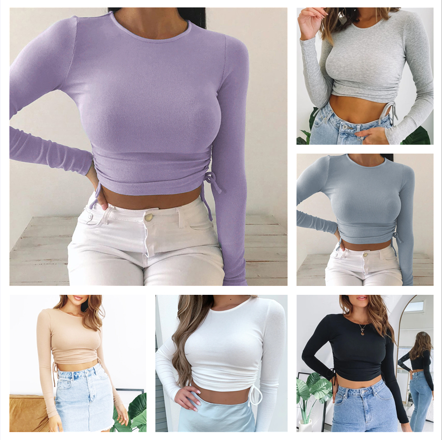 

2020 New Casual Solid O-Neck Long Sleeve Crop Top Women Side Drawstring Ruched White T-shirt Female Tee Shirt Top for Women Clothing 0988, Purple