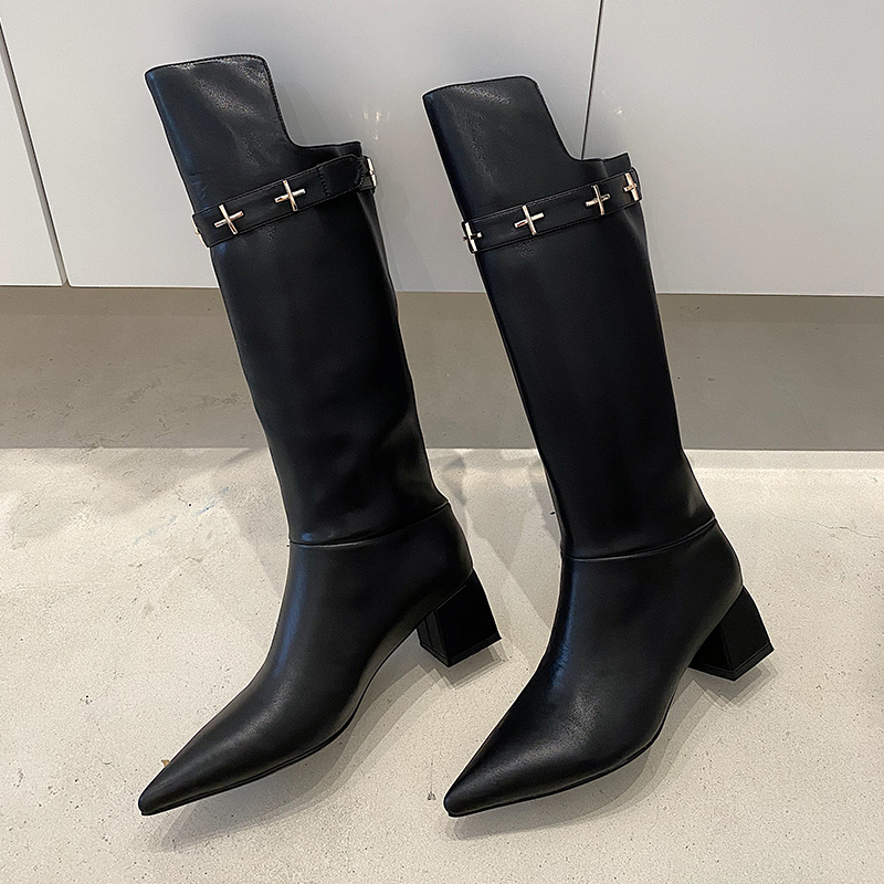 

SKLFGXZY Unique design Genuine leather knee boots Women boots pointed Fashion Metal decoration New winter Women shoes, Black
