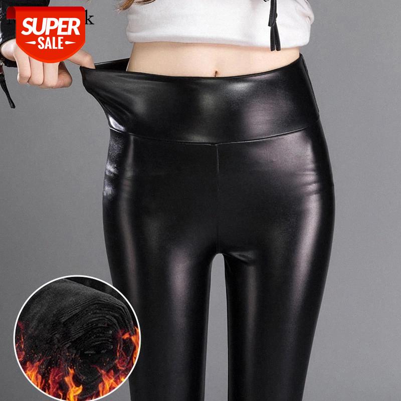 

2021 New Autumn Winter Leather Pants Women High Waist Warmth Thicken Velvet Black Pants PU Leather Leggings Women Trousers 11500 #Sk6p, Black;white