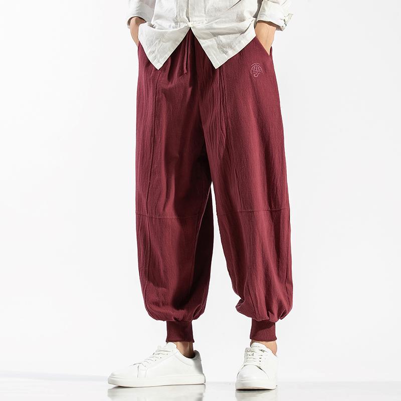 

2021 Mens Wied Leg Trousers Streetwear Men Harem Pants Cotton Linen Vintage Casual Jogger Sweatpants Male Loose Large Size 5XL, Burgundy