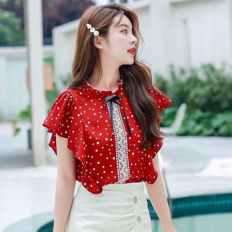 

Summer Fashion Lace Shirt Bow Ruffled Shirt Polka Dot Chiffon Shirts Blouse Womens Tops and Blouses, Beige