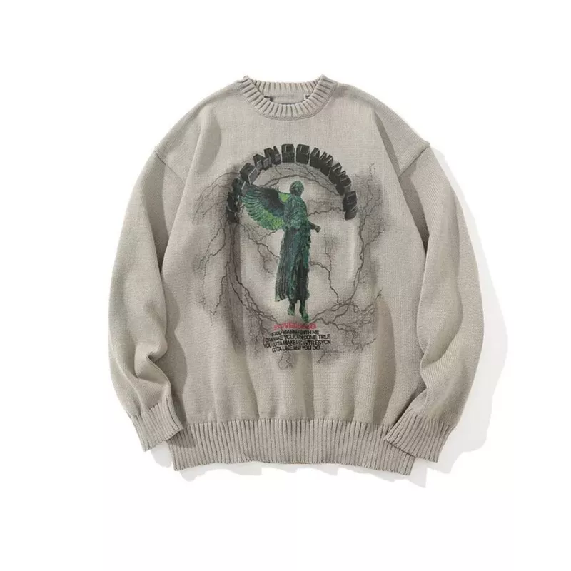 

Street trend loose couple round ne pullover sweater Harajuku lightning statue print casual fashionable oversized sweater women