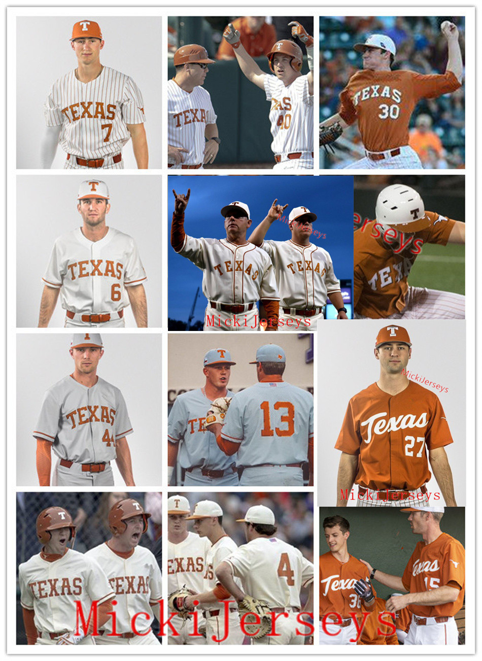 

NCAA Custom Texas Longhorns Stitched Baseball Jersey Zane Morehouse Caden Noah Travis Sthele Aaron Nixon Alec Grossman Coy Cobb Marcus Olivarez Sam Walbridge, 2019 cream