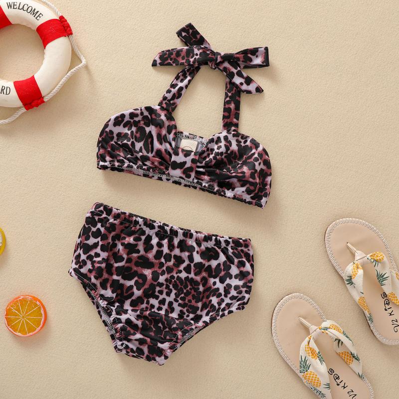 

Toddler Girls Leopard Printing Swimsuit, Baby Sleeveless Halter Bodysuit Summer Two-pieces Swimming Wear, As pic