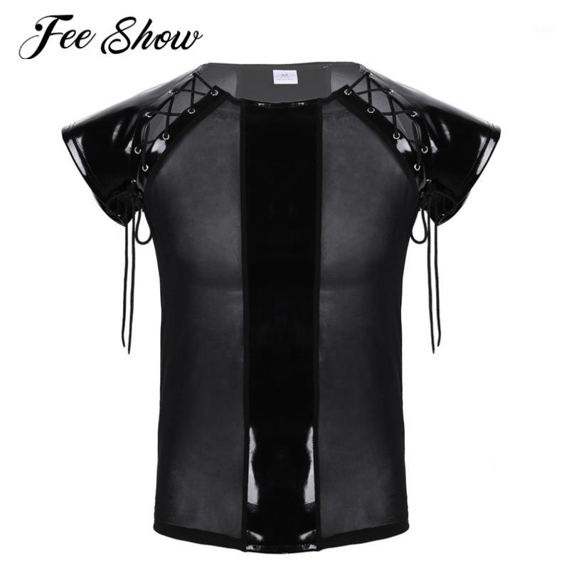 

Novelty Mens PU Leather Stretchy Casual T-shirt Soft Mesh See Through Mesh Splice Short Sleeves Lace-up Muscle Slim T-shirt Tops, As pic