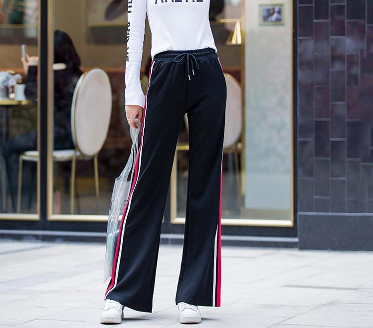 

Autumn Long Legged Women Vertical Stripes Thin Pants Elastic Waist Side 4urz, Black