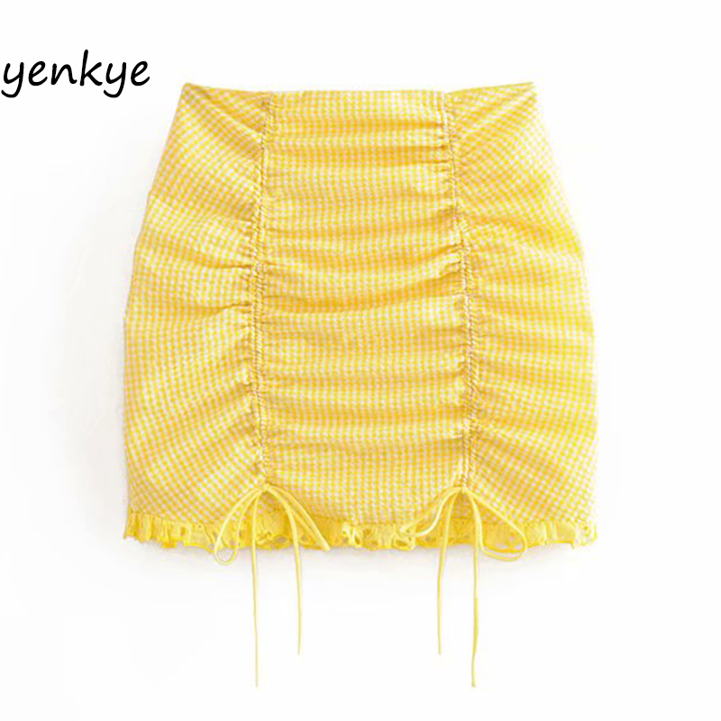 

Summer Skirts Womens Yellow Plaid Drawstring Draped High Waist Mini Skirt Sexy LDZZ6105 Y200704, Beige