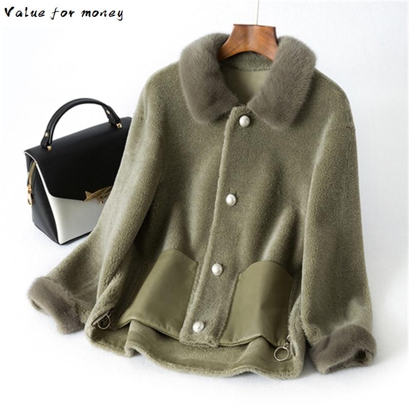 

Fur Mink Collar Wool Jacket Autumn Winter Coat Women Clothes 2021 Real Fur Coat Korean Vintage Sheep Shearling Women Tops ZT3496, Beige