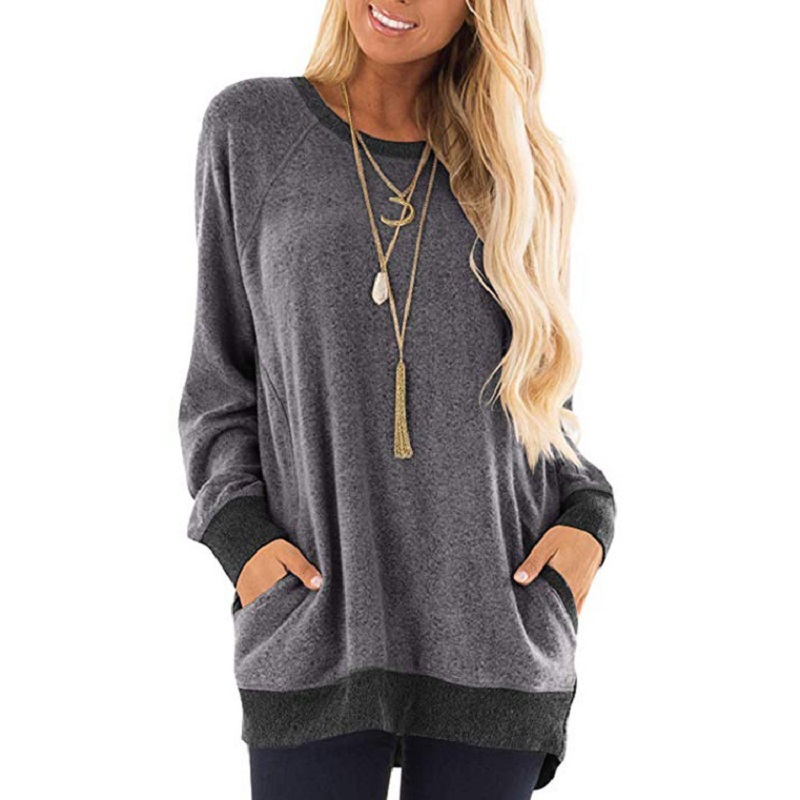 

2021 New Large Female Size Sweater Sweatshirt Long Autumn Cotton Tshirts with Pockets Tops of Color PNU7, Pink
