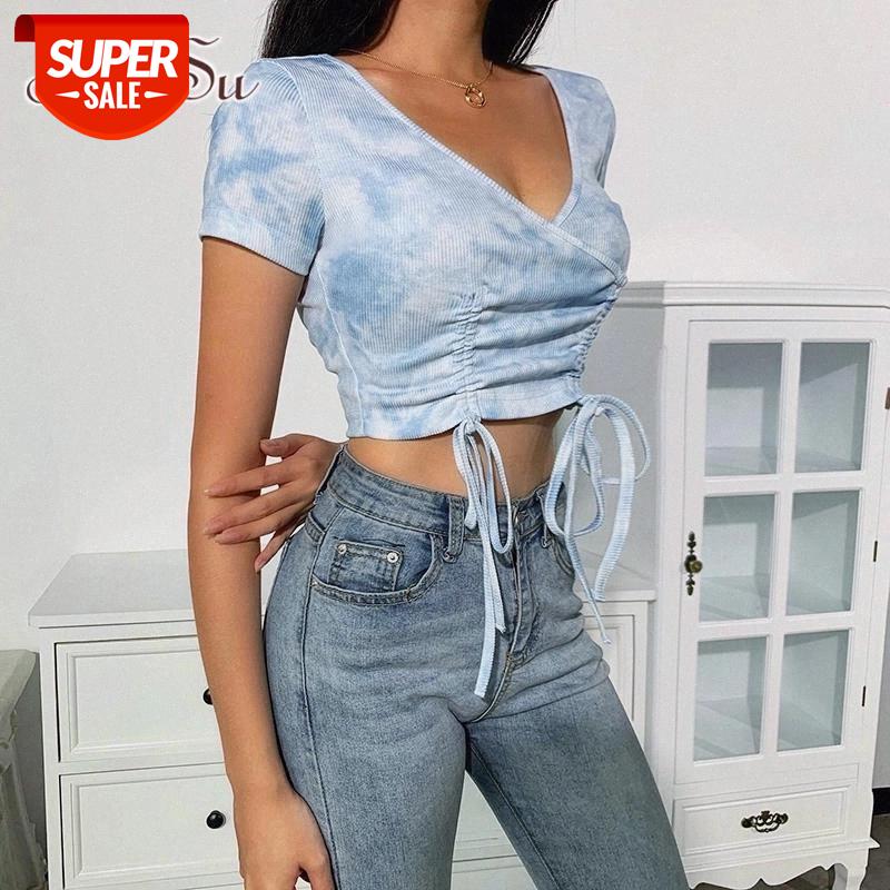 

ArtSu summer casual t shirt women crop top drawstring v neck T shirt 2020 slim cotton streetwear tops female tee top ASTS52167 #kv6w, White