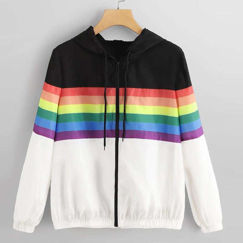 

Ladies Stitching Contrast Rainbow Hooded Zipper Jacket New Arrival Women Patchwork Hooded Zipper Loose Casual Sport Coat Blouse1, Black
