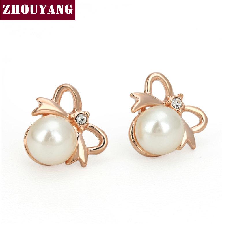 

ZHOUYANG Top Quality Bowknot Imitation Pearl Stud Earrings Rose Gold Color Fashion Jewelry ZYE119 ZYE284