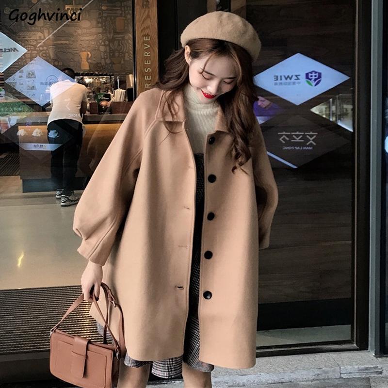 

Wool Women Autumn Winter Single Breasted Loose Hem Elegant Ladies Mid-long Coat Warm High Quality Korean Style Womens Blends New, Black