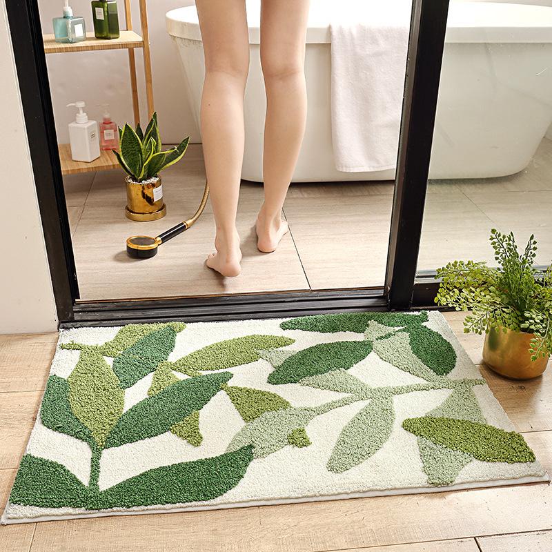 

Carpets Green Leaves Flocking Bath Mat Non-slip Absorbent Microfiber Bathroom Rug Home Entrance Door Super Soft Carpet WF