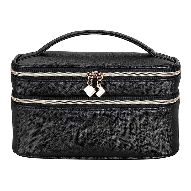 

New fashion pu cosmetic bag multifunctional large capacity beautician case portable double compartment waterproof storage bag, Black