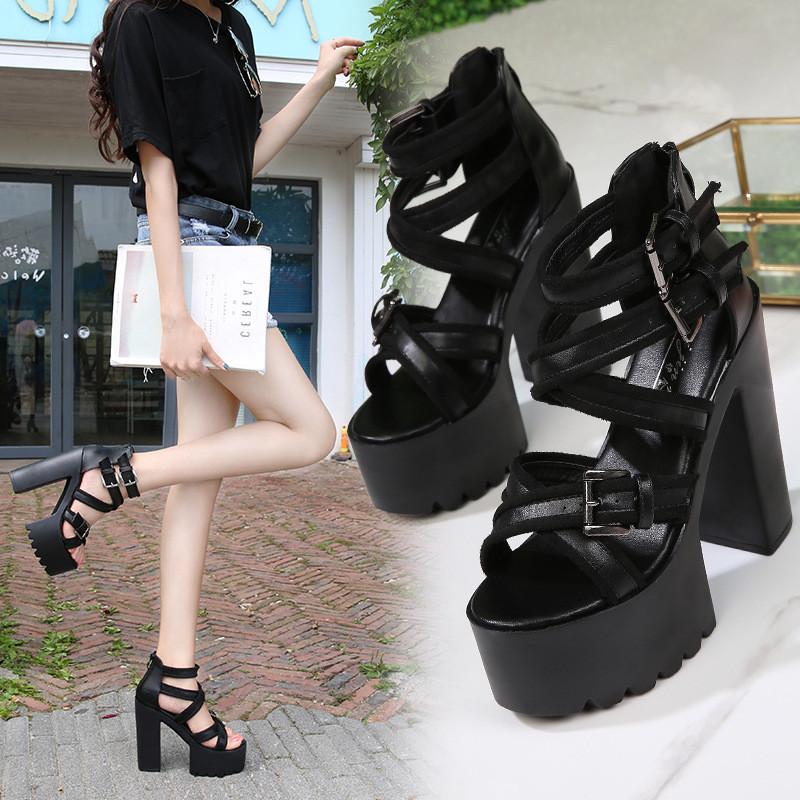 

FIRMRANCH women's shoes summer new sexy cross strap Roman thick heel super high heel 15cm sandals, Black