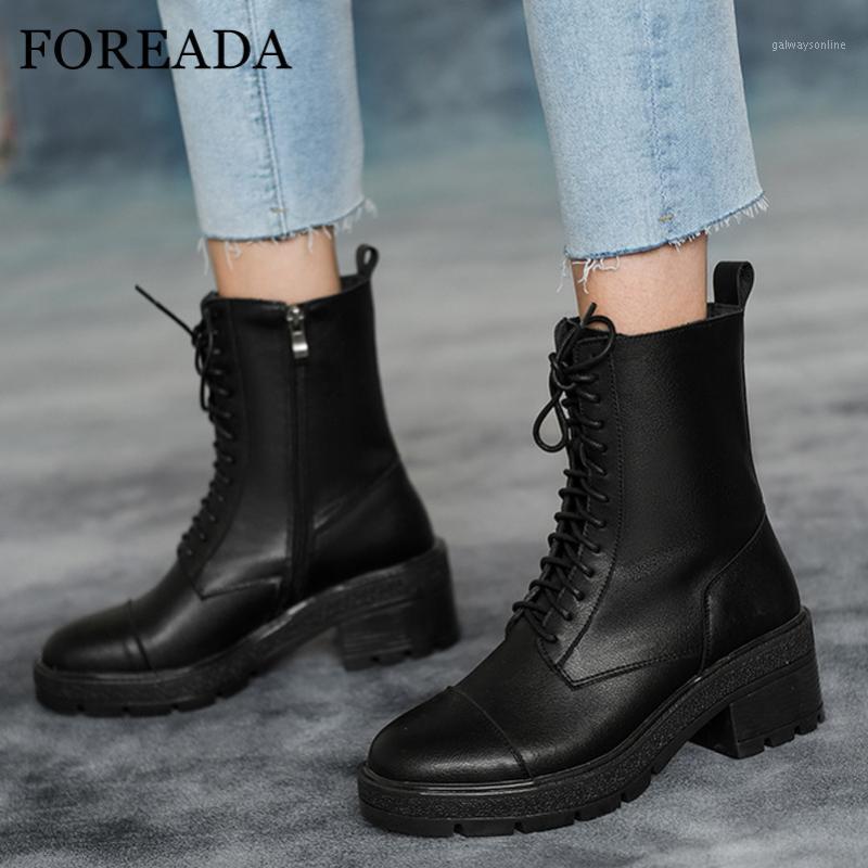 

FOREADA Zip Mid Calf Boots Woman Platform High Heel Motorcycle Boots Block Heel Short Lace Up Lady Shoes Autumn Winter 401, Black velvet lining