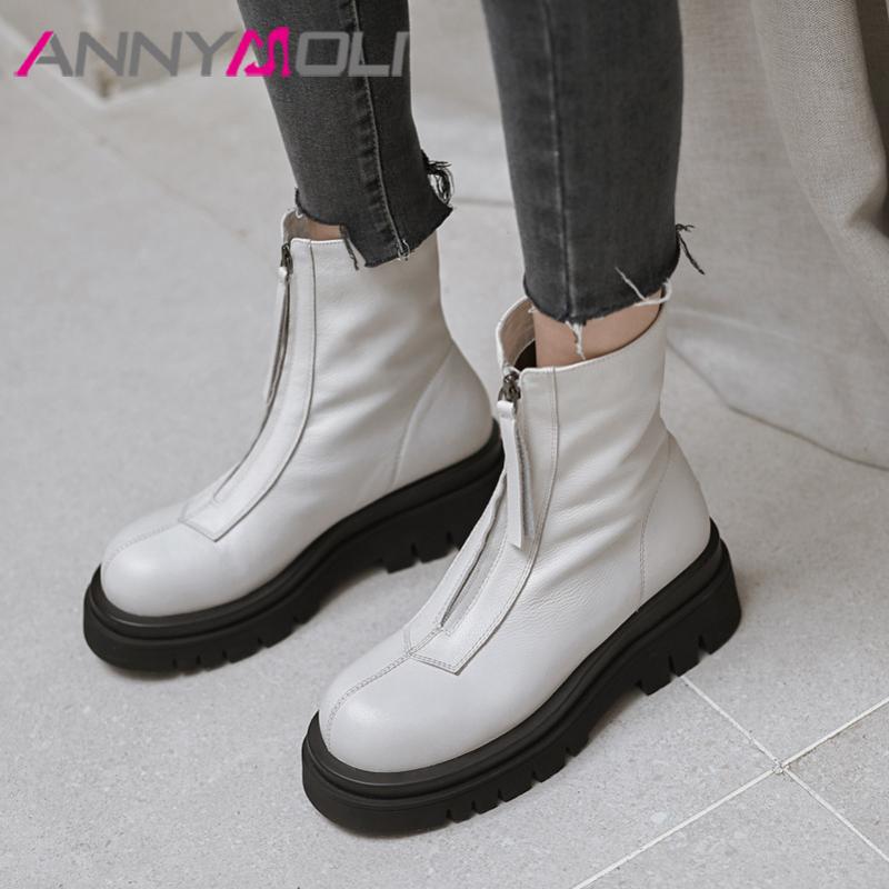 

ANNYMOLI Genuine Leather Platform High Heel Ankle Boots Short Boots Women Shoes Zip Block Heels Female Autumn Winter White, Black synthetic lin