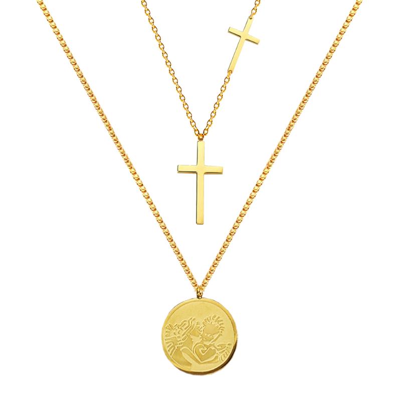 

Chokers FIREBROS 2021Gold Silver Color Stainless Steel Layered Chain Kiss Angel Tag Cross Paired Pendant Necklace Choker Women Jewelry