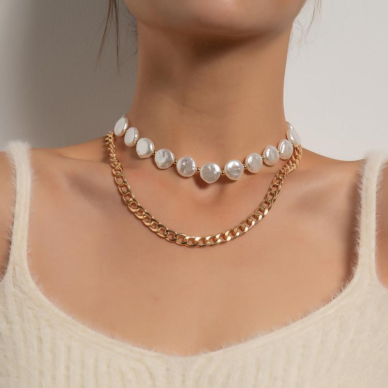 

Baroque Gold Color Layered Chain Necklace For Women Imitation Pearl Choker Necklace Ladies Jewelry