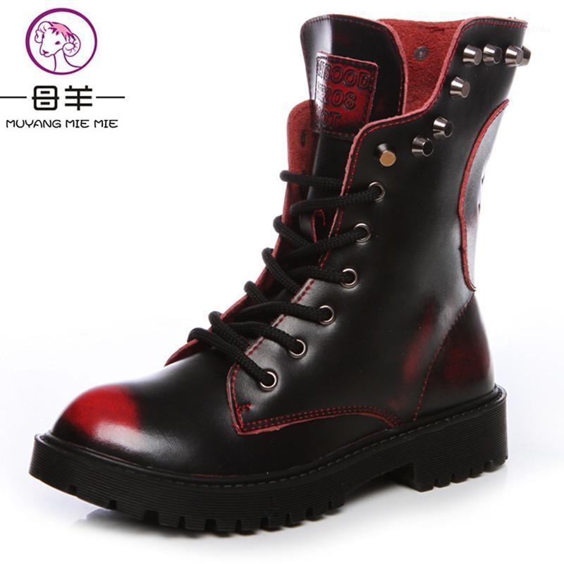 

Newest fashion women boots England boots flat genuine leather Cowhide ankle lace up rivets shoes woman1, Black